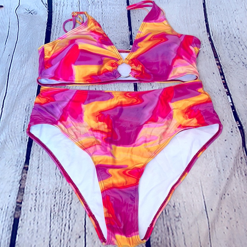 Pink Orange Bikini Swim Bathing Suit Set Size X-Large Excellent Condition